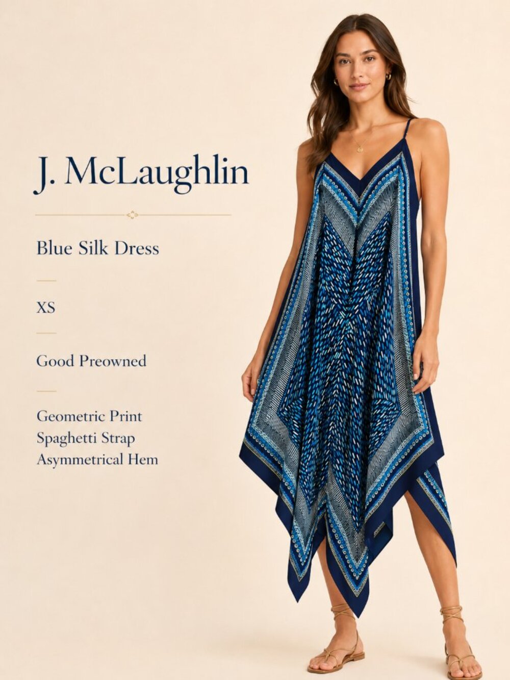 J Mclaughlin Blue Geometric Print Silk Chiffon‎ Handkerchief Scarf Midi Dress XS
